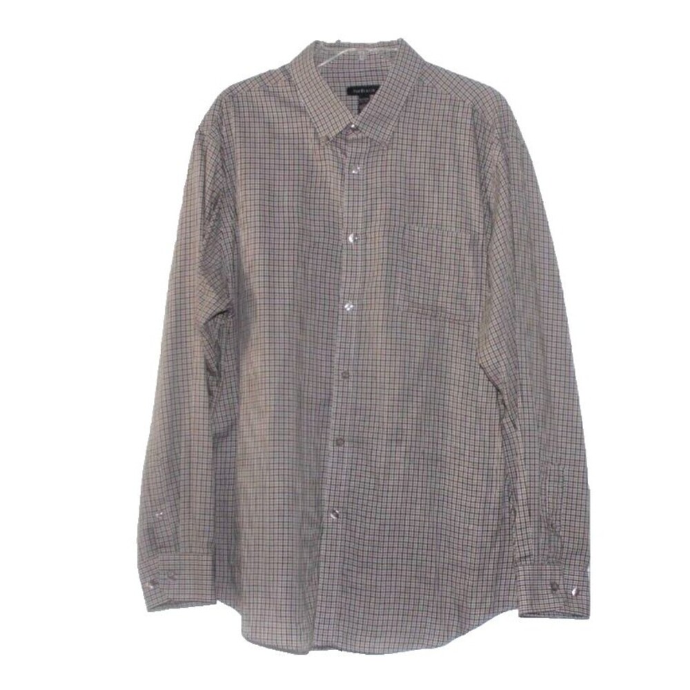 Van Heusen Men's Button Down Shirt Brown Gray Tan Ivory Check XL 17-17 1/2